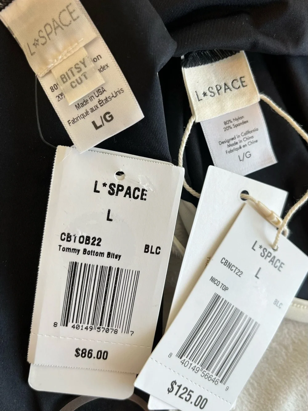 L*Space Bikini Set Niko Top & Tommy Bitsy Bottoms Large Black/White Resortwear